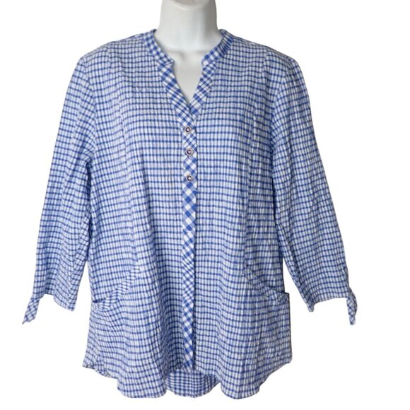Habitat Tops - Habitat Gingham Blue Plaid Tunic Top Women M 3/4 Sleeve pockets Casual Cottage